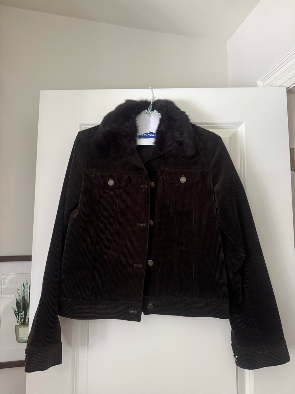 Theory Women's Dark Brown Corduroy Bomber Jacket with Faux Fur Collar